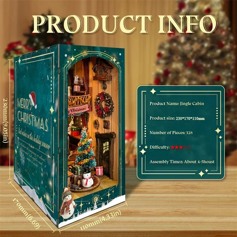 Diy Wooden Book Nook Kit Shelf Insert - メリークリスマス DIY 木製ブックヌック シェルフインサート ミニチュアキット ジングルキャビン