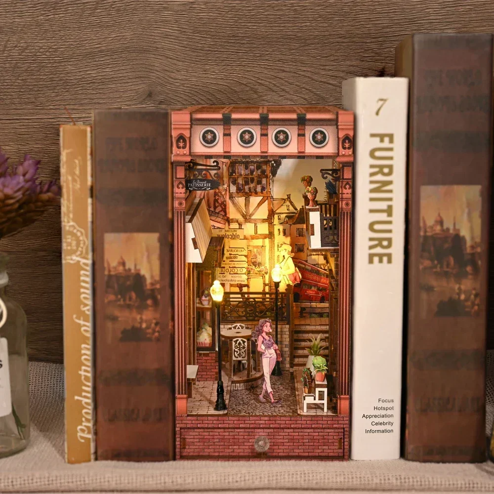 Diy Wooden Book Nook Kit Shelf Insert - 新しいレトロDIY木製ブックヌックシェルフインサートミニチュアキット、ヨーロッパの街並みブックシェルフホームブックエンドデコレーション手作りギフト