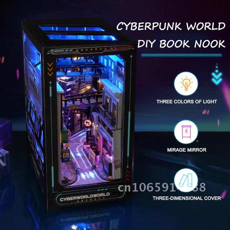Diy Wooden Book Nook Kit Shelf Insert - クリエイティブDIY木製ブックヌックシェルフインサートミニチュアキット未来世界ブックエンド大人向け手作りホームデコレーションギフト本棚