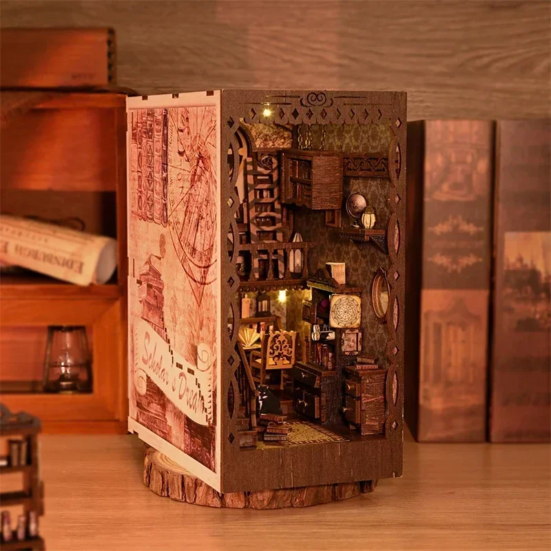 Diy Wooden Book Nook Kit Shelf Insert - 新しいDIY木製ブックヌックシェルフインサートミニチュアビルディングキット、書斎用本棚組み立てブックエンド、大人の誕生日プレゼントに