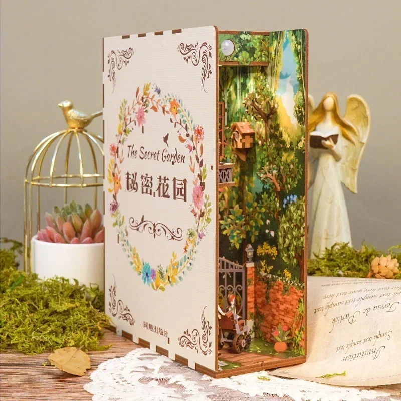 Diy Wooden Book Nook Kit Shelf Insert - DIY木製ブックヌックシェルフインサートキット、ミニチュアシークレットガーデンブックエンド、ブックシェルフ、ドールハウス、おもちゃ、友達へのギフト、家の装飾
