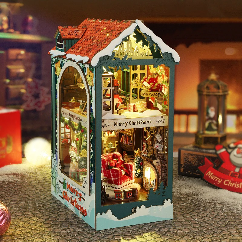 Diy Wooden Book Nook Kit Shelf Insert - 新しいDIY木製メリークリスマスブックヌックシェルフインサートミニチュアモデルキット、家具、ライト、本棚、ブックエンド付き、友達へのギフト