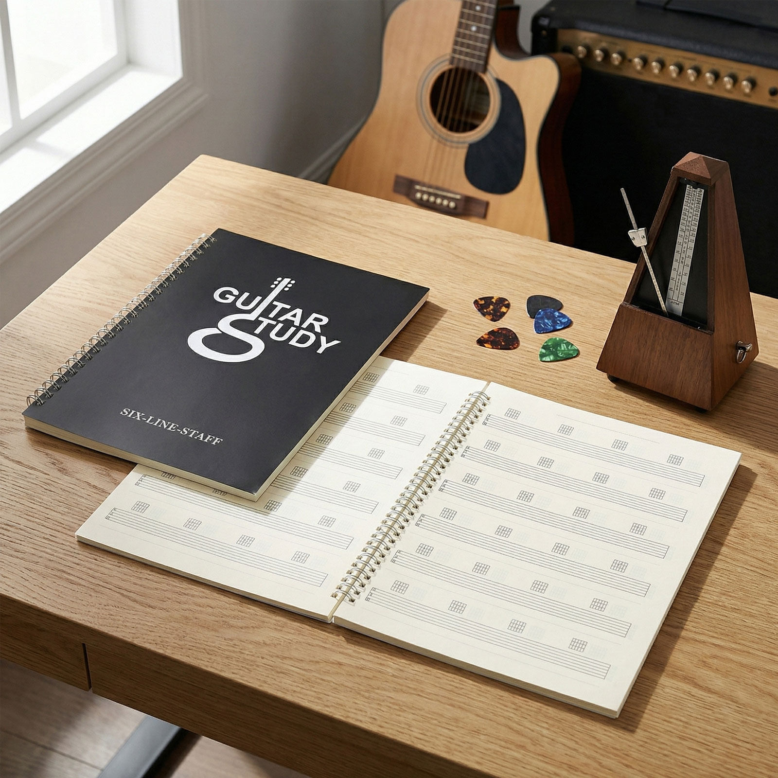 ギター譜面ノート2冊セット。6弦用、無地の譜面用紙、音楽ジャ - Blank Sheet Music Notebook のレビューと価格